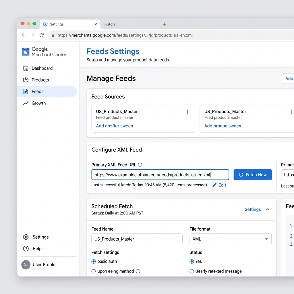 Screenshot: Where to find your feed URL in Google Merchant Center