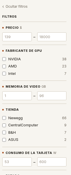 El panel de filtros con un conteo junto a cada opción