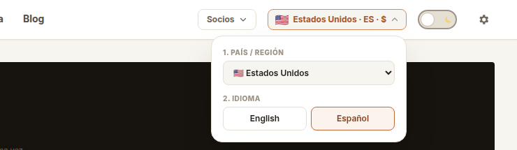 El menú de país e idioma en el encabezado de la página