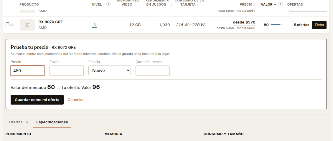 Prueba tu precio mostrando Valor del mercado 80 y Tu oferta Valor 96