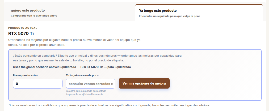 El planificador de actualizaciones con las pestañas Quiero este producto y Ya tengo este producto