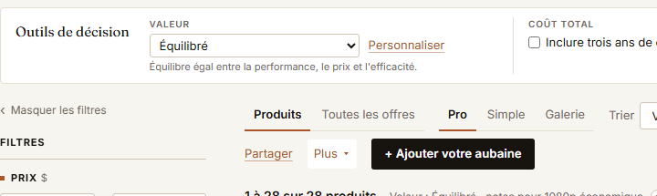 Les outils de décision avec le menu Valeur et Personnaliser ouvert, montrant les curseurs de priorités