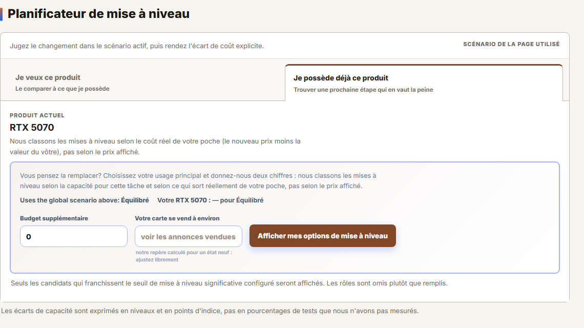Le planificateur de mise à niveau avec les deux onglets Je veux ce produit et Je possède déjà ce produit