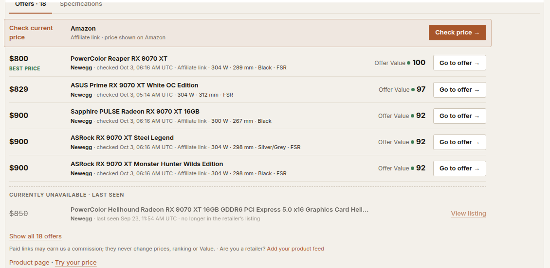 The Offers tab listing each store offer with price, check time and Offer Value
