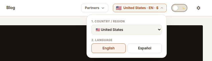 The country and language menu in the page header